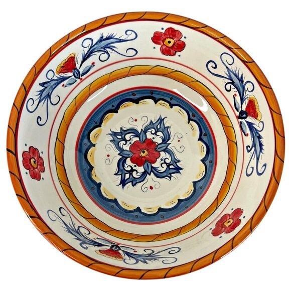 Tabletops Gallery Italiano Large Servng Bowl Red Blue Hand Painted Floral 10 IN - Picture 3 of 8